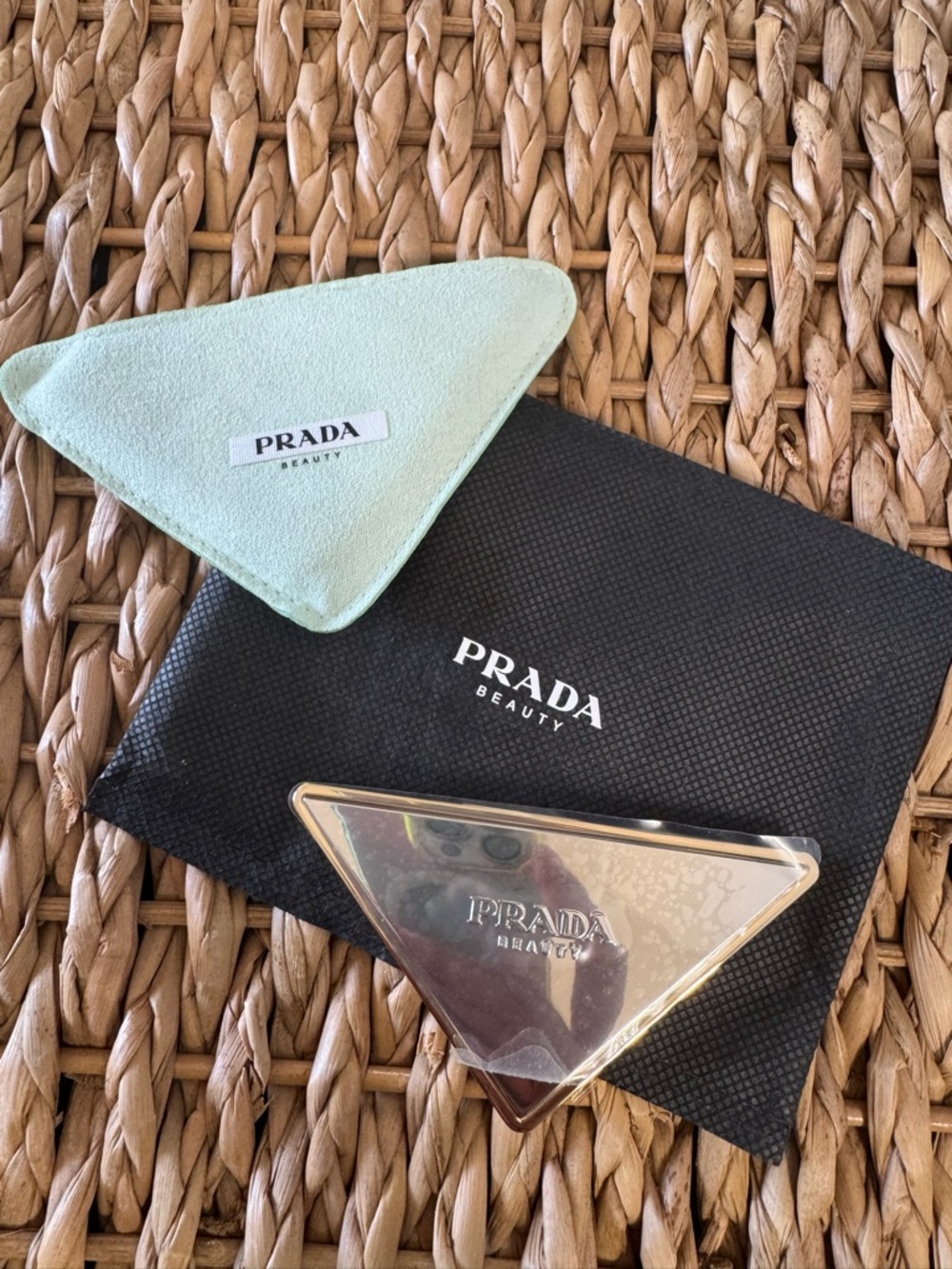 NWT Prada Beauty Triangular Compact Mirror - Silver with Mint Pouch